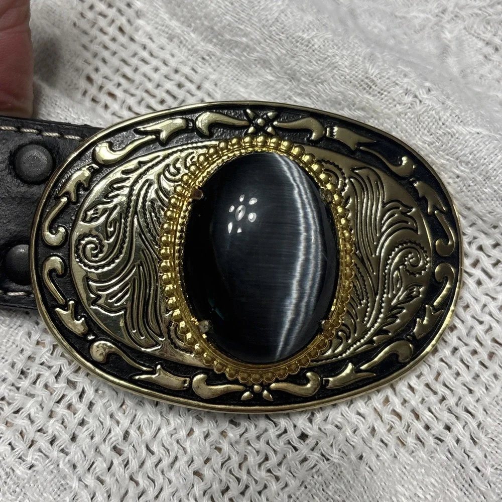Vtg Nocona Leather Belt Mens 38 Blaxk Western Buckle  Stone Tooled Buckle